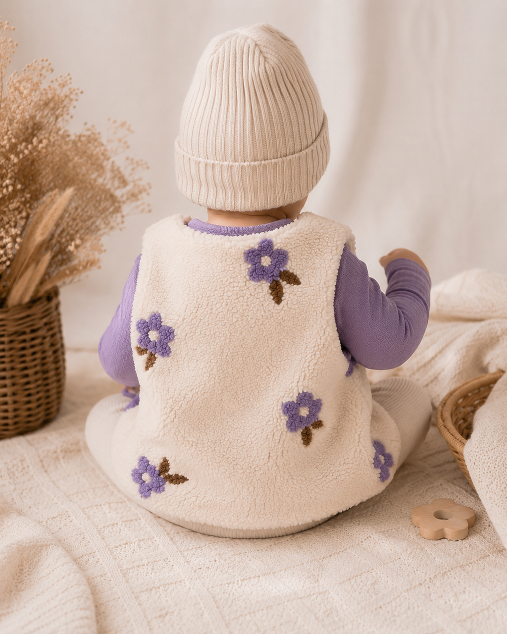 Handmade Teddyweste Blumen Flieder – Kuschelweste für Babys & Kinder mit Musselinfutter