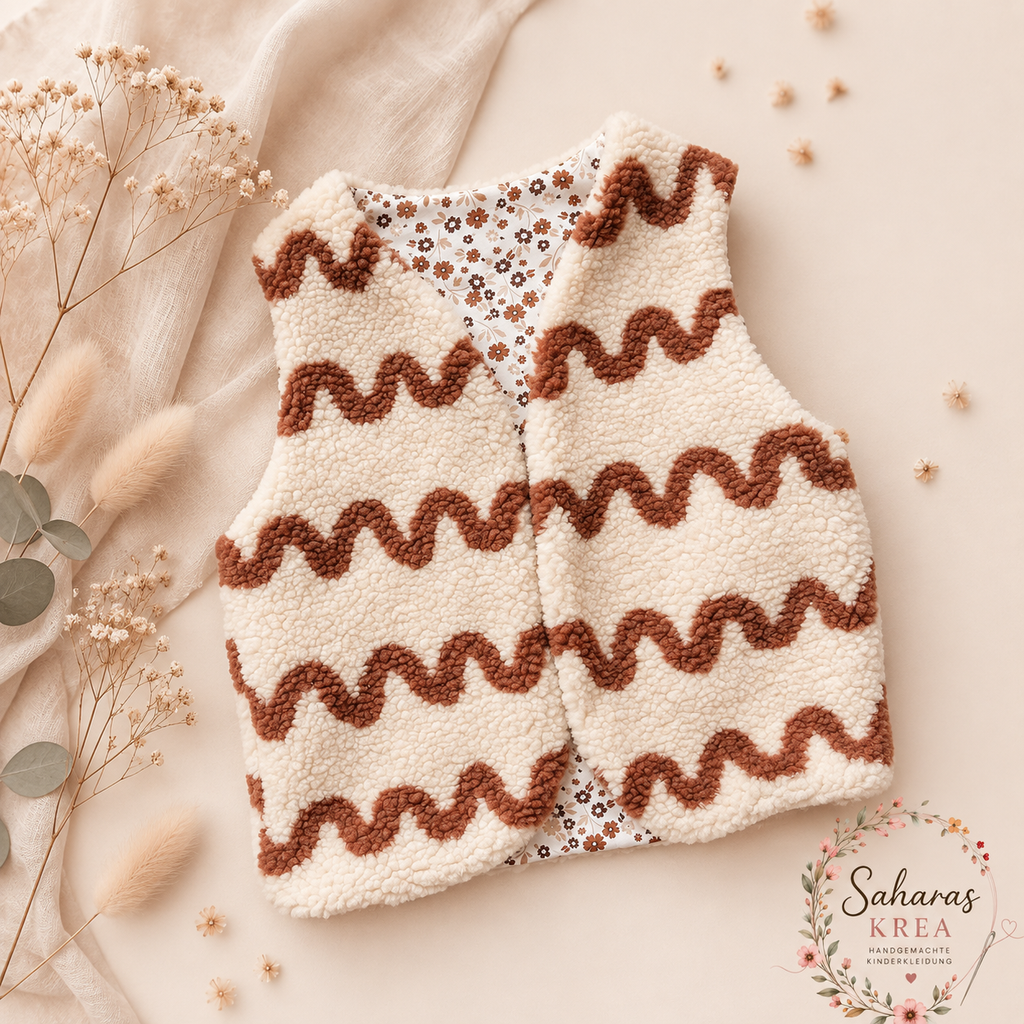Handmade Teddyweste mit Wellenmuster und Blumen – Kuschelweste für Babys & Kinder