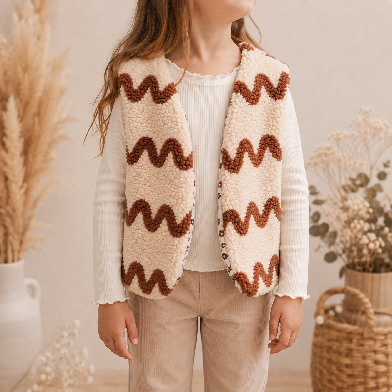 Handmade Teddyweste mit Wellenmuster und Blumen – Kuschelweste für Babys & Kinder