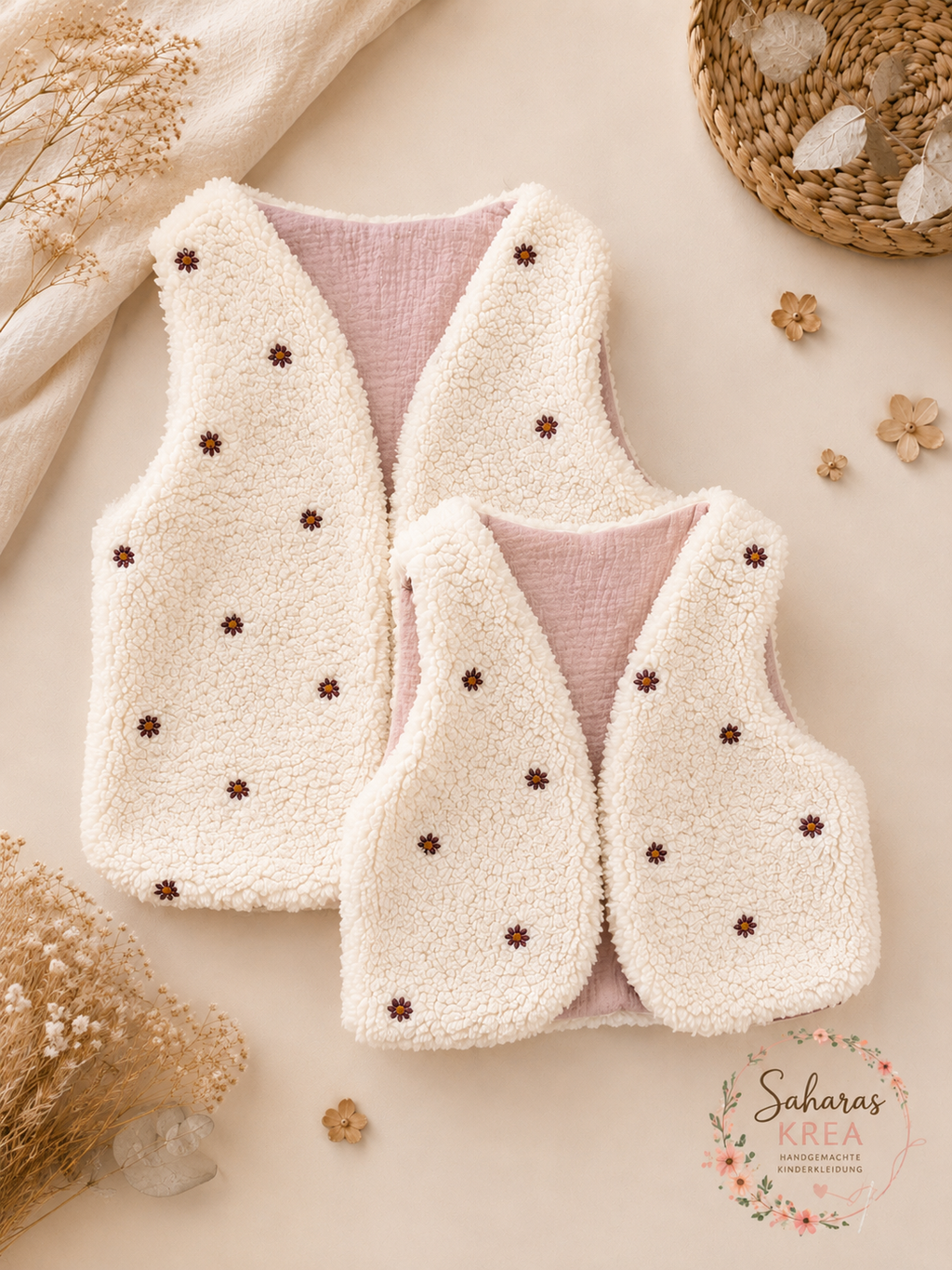 Handmade Teddyweste mit bestickten Blumen – Baby- & Kinderweste
