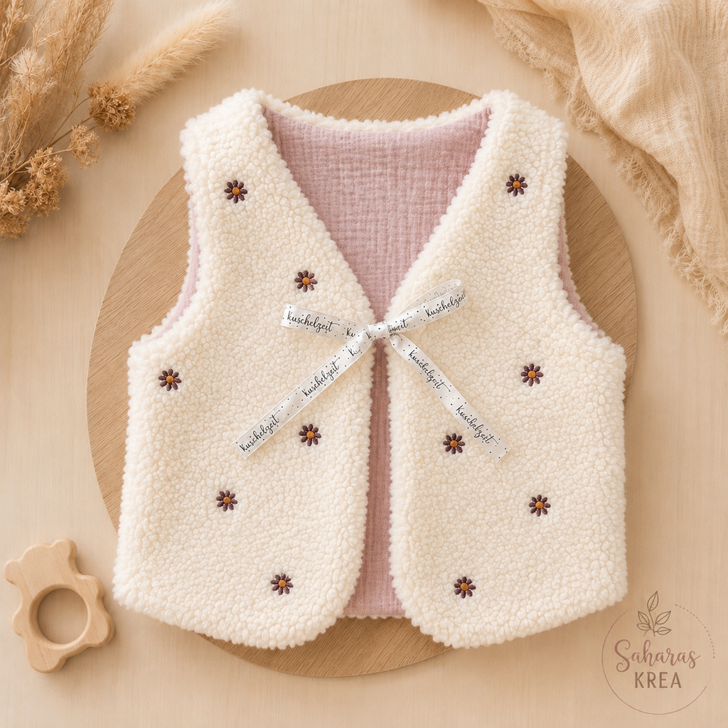 Handmade Teddyweste mit bestickten Blumen – Baby- & Kinderweste