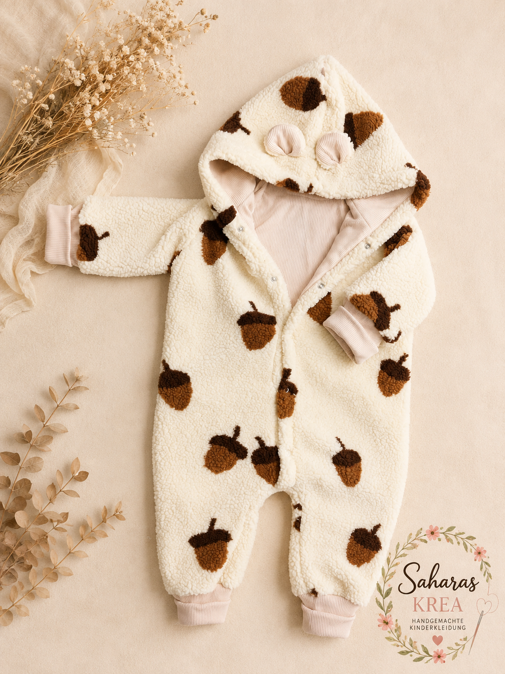 Teddyoverall Kinder mit Eichelmuster – Gefüttert mit Ribjersey in beige | Handmade