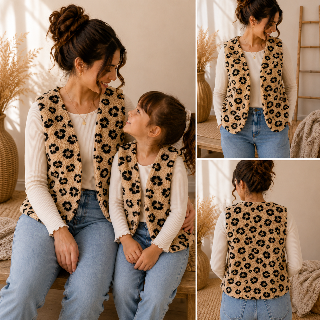 Partnerlook Teddyweste Mama & Kind – Wendeweste Leo Hellbraun | Handmade Fotoshooting-Outfit