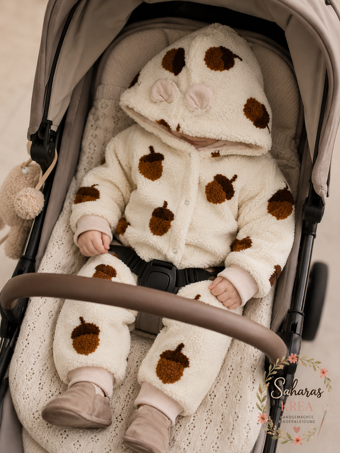 Teddyoverall Kinder mit Eichelmuster – Gefüttert mit Ribjersey in beige | Handmade