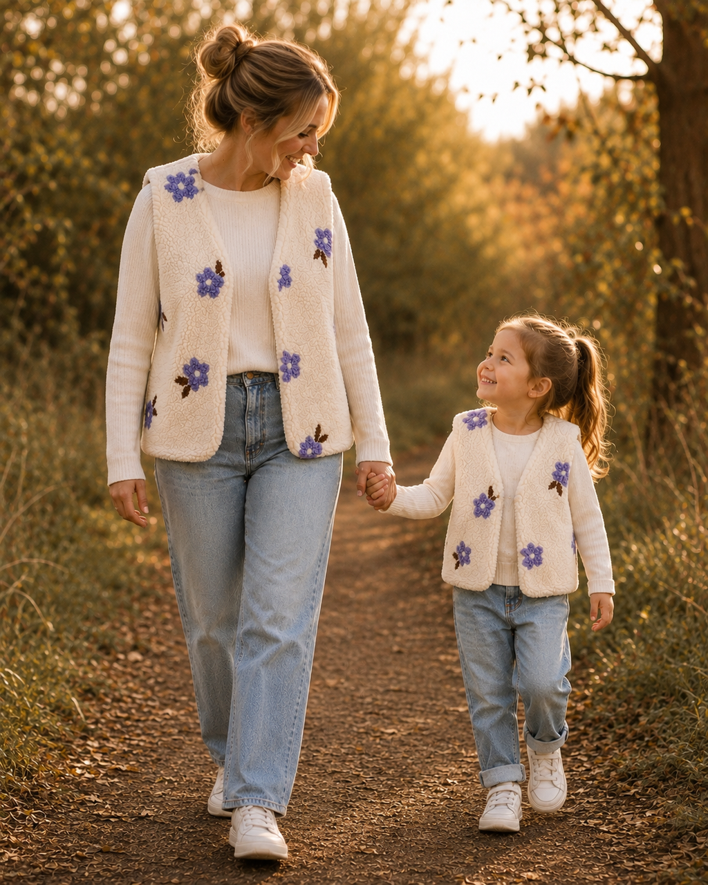 Partnerlook Teddyweste Mama & Kind – Wendeweste mit Blumenmuster in Flieder | Handmade Fotoshooting-Outfit