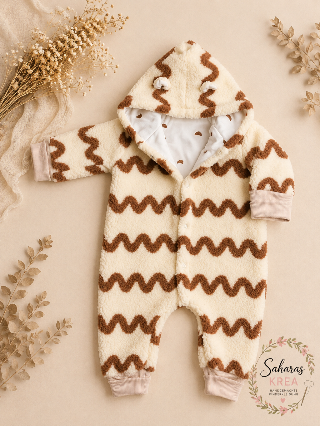 Teddy Overall/ Anzug mit Wellenmuster – Handmade Baby und Kleinkind Overall mit Kapuze