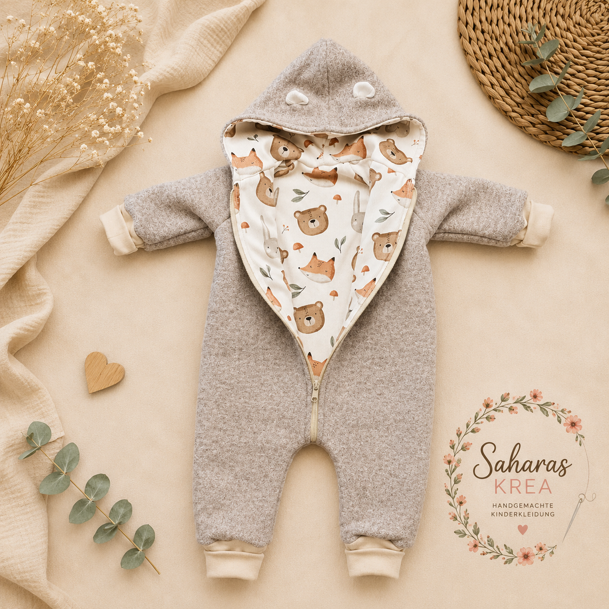 Wollwalk Overall aus Schurwolle in beige meliert – mit Baumwolljersey | Baby Walkanzug mit Kapuze | Handmade Walkoverall | Geschenk zur Geburt