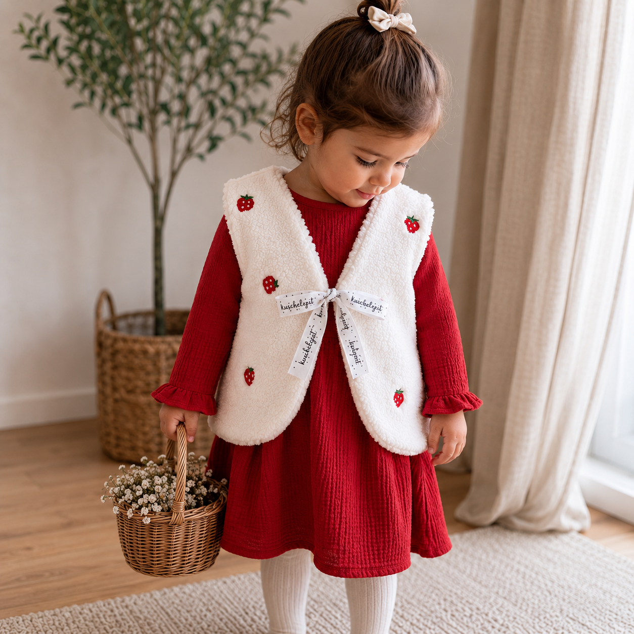 Handmade Teddyweste für Kinder – Erdbeer-Muster