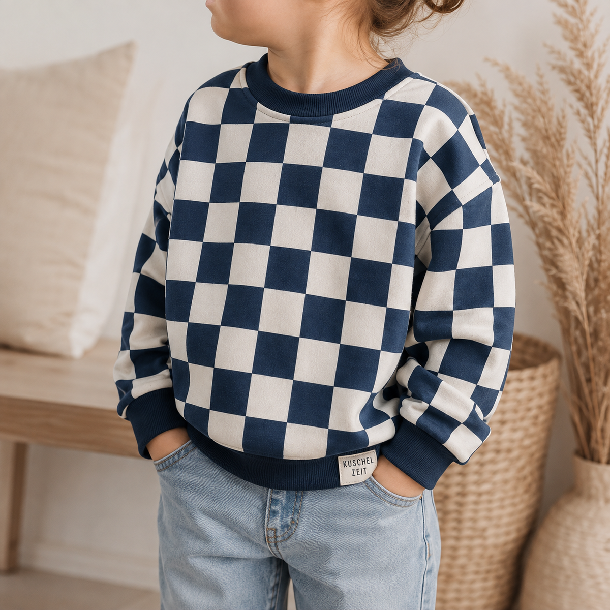Oversize Sweatshirt für Babys und Kinder in blau – Karo aus Bio-Baumwolle