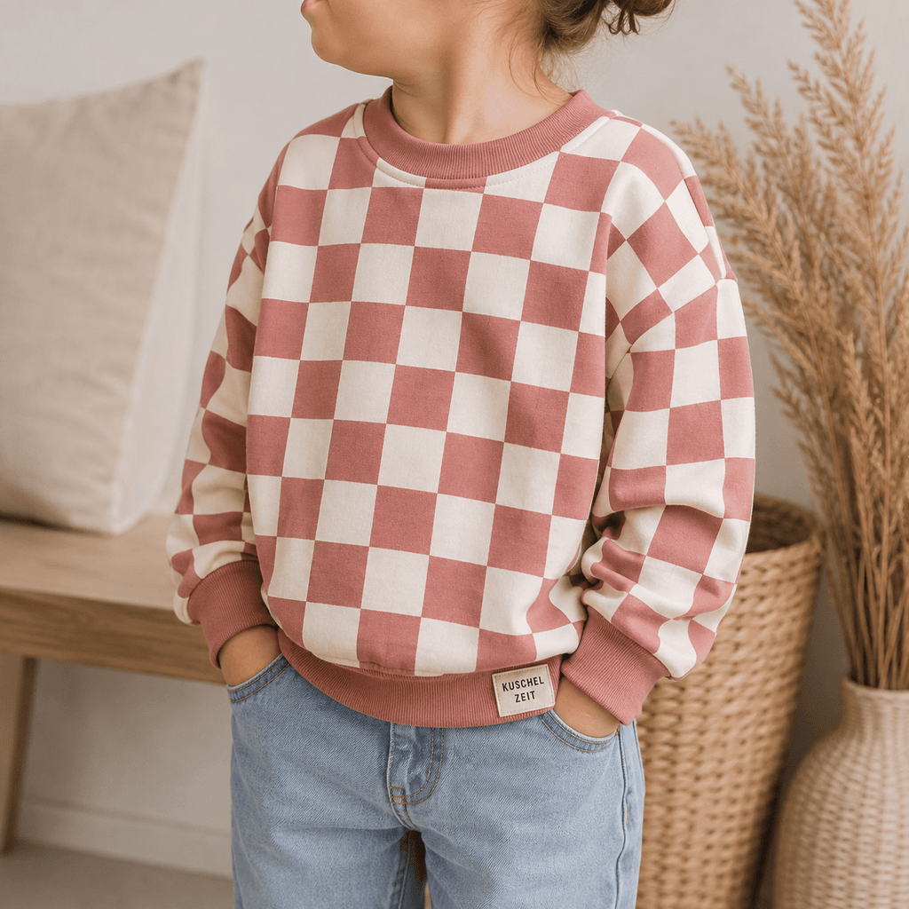 Oversize Sweatshirt für Babys und Kinder in aprikose – Karo aus Bio-Baumwolle