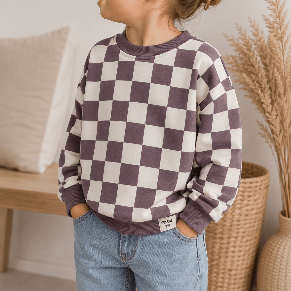Oversize Sweatshirt für Babys und Kinder in Mauve – Karo aus Bio-Baumwolle