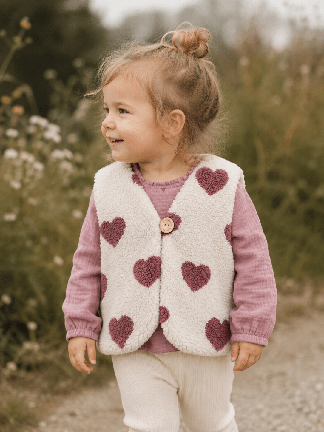 Handmade Teddyweste in Ecru mit Herzen – Musselin gefuttert (100 % Baumwolle) | Kinderweste