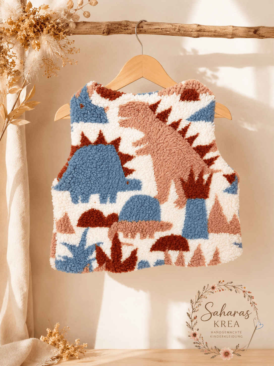 Kinder-Teddyweste mit Dinosaurier-Motiv | Kuschelige Weste für Herbst & Winter | Handmade Kinderkleidung