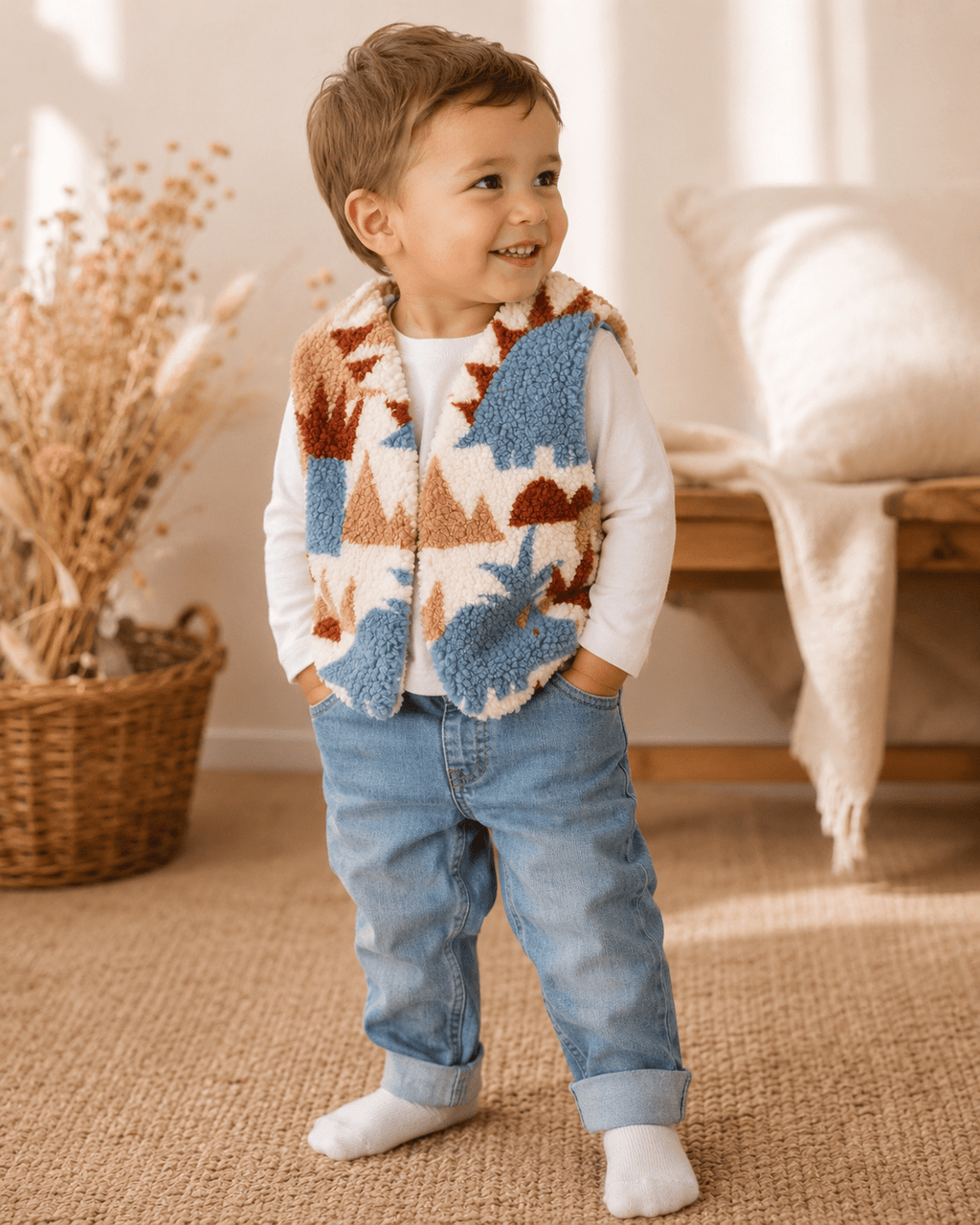 Kinder-Teddyweste mit Dinosaurier-Motiv | Kuschelige Weste für Herbst & Winter | Handmade Kinderkleidung