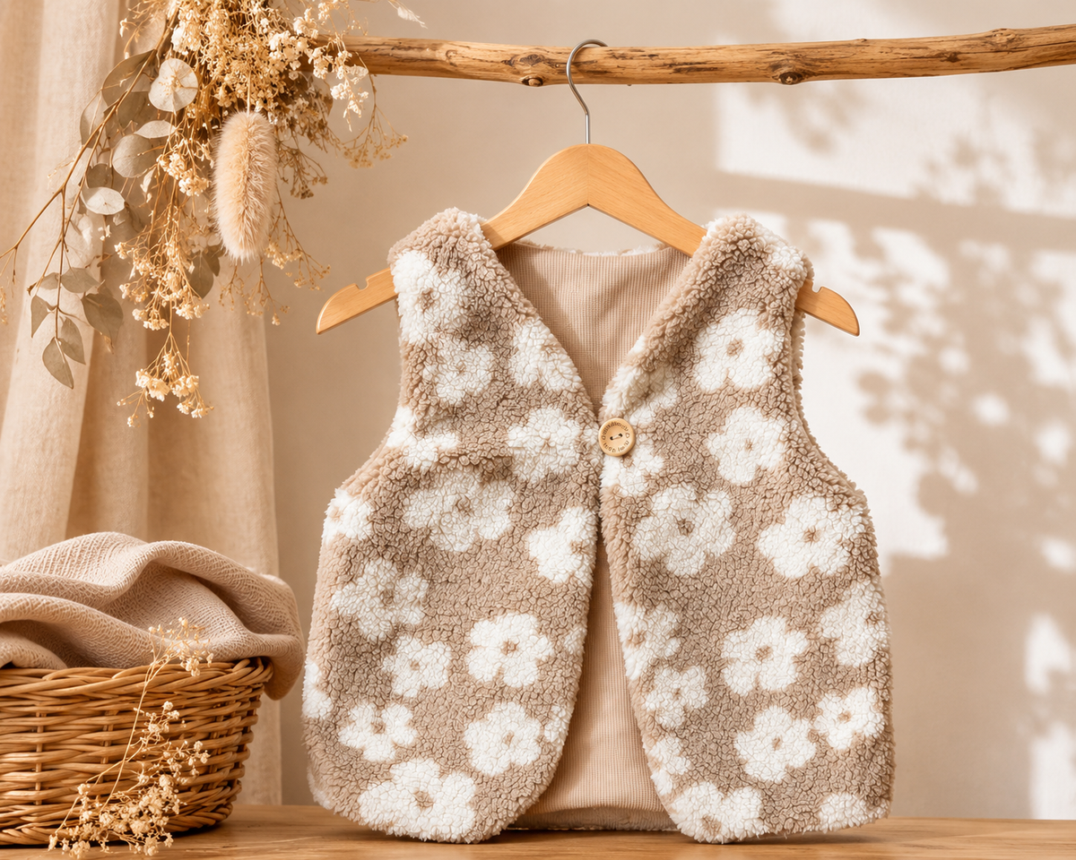 Handmade Teddyweste Blumen Sand – Baby- & Kinderweste mit Baumwolljersey