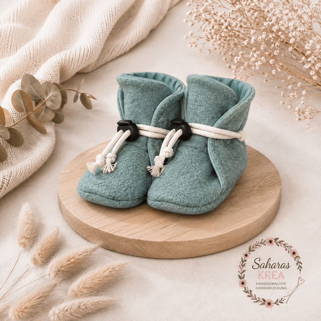 Babyschuhe Wollwalk in dunkelmintgrün - Babysocken aus Schurwolle mit Baumwolljersey als Innenstoff | Walkschuhe