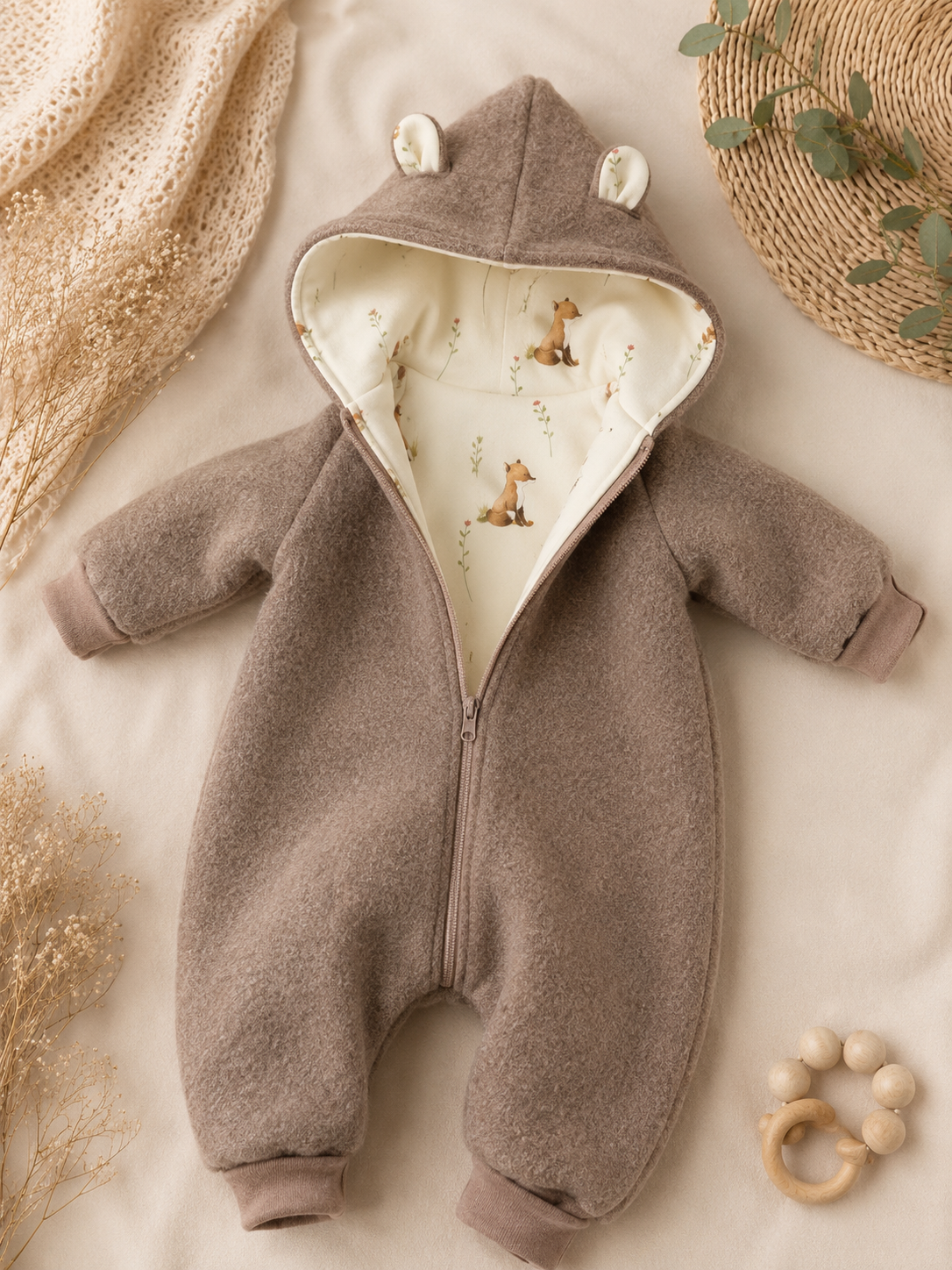 Wollwalk Overall aus Schurwolle in taupe – mit Baumwolljersey | Baby Walkanzug mit Kapuze