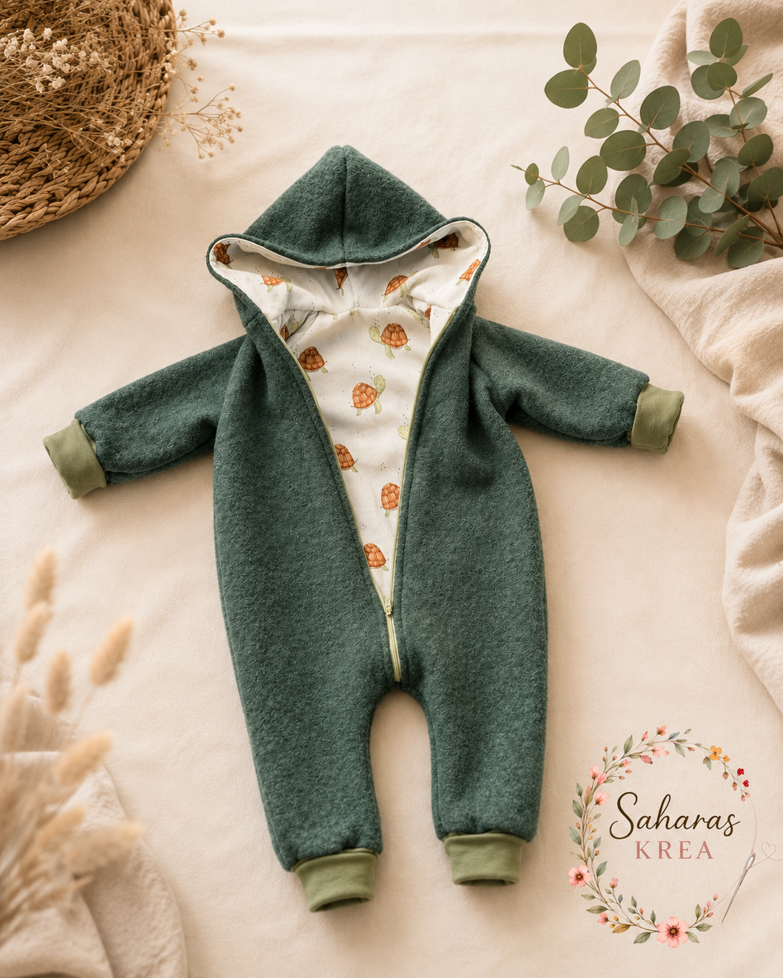Wollwalk Overall in Dunkegrün aus 100% Schurwolle – mit Baumwolljersey Schildkrötenmuster gefuttert | Baby Walkanzug mit Kapuze | Handmade Walkoverall | Geschenkidee zur Geburt