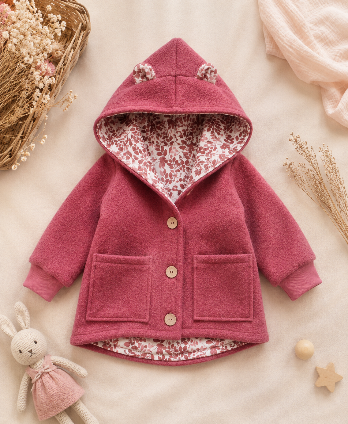 Walkjacke Kinder Dunkel Altrosa – Handmade Jacke | Ohren & Reißverschluss optional