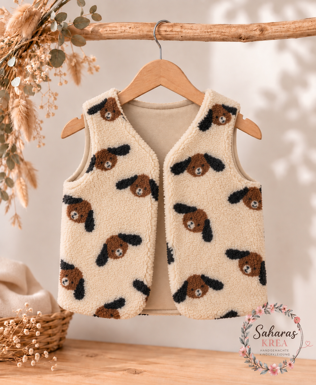 Handmade Teddyweste süße Hunde/Cremefarbe – Baby- & Kinderweste mit weichem Baumwolljersey