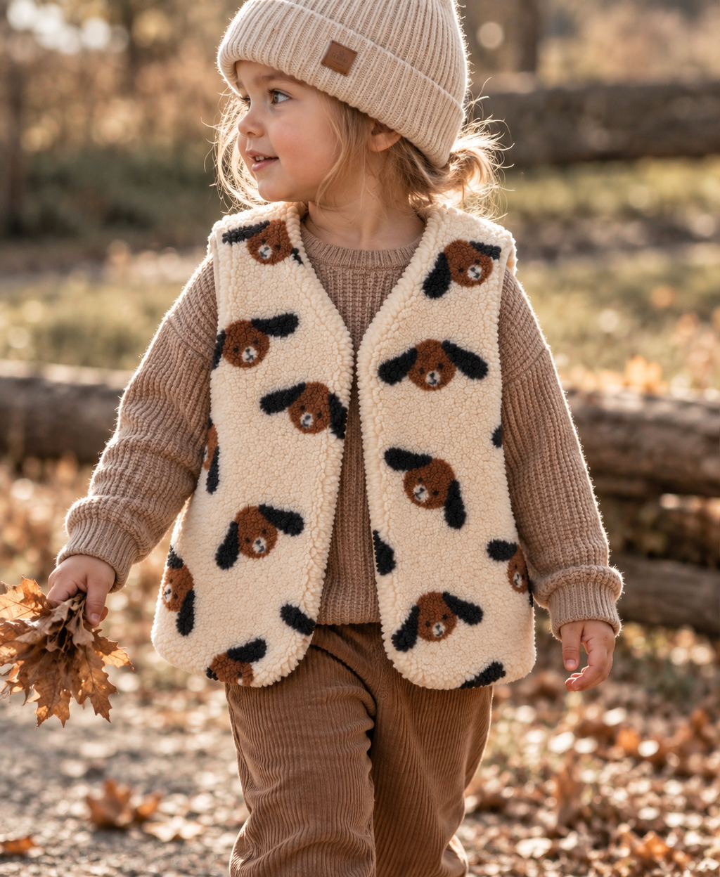 Handmade Teddyweste süße Hunde/Cremefarbe – Baby- & Kinderweste mit weichem Baumwolljersey