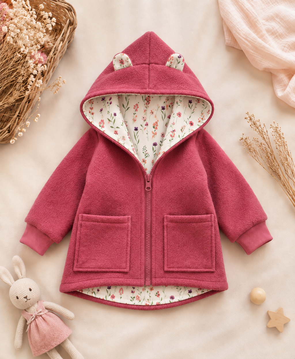 Walkjacke Kinder Dunkel Altrosa – Handmade Jacke | Ohren & Reißverschluss optional
