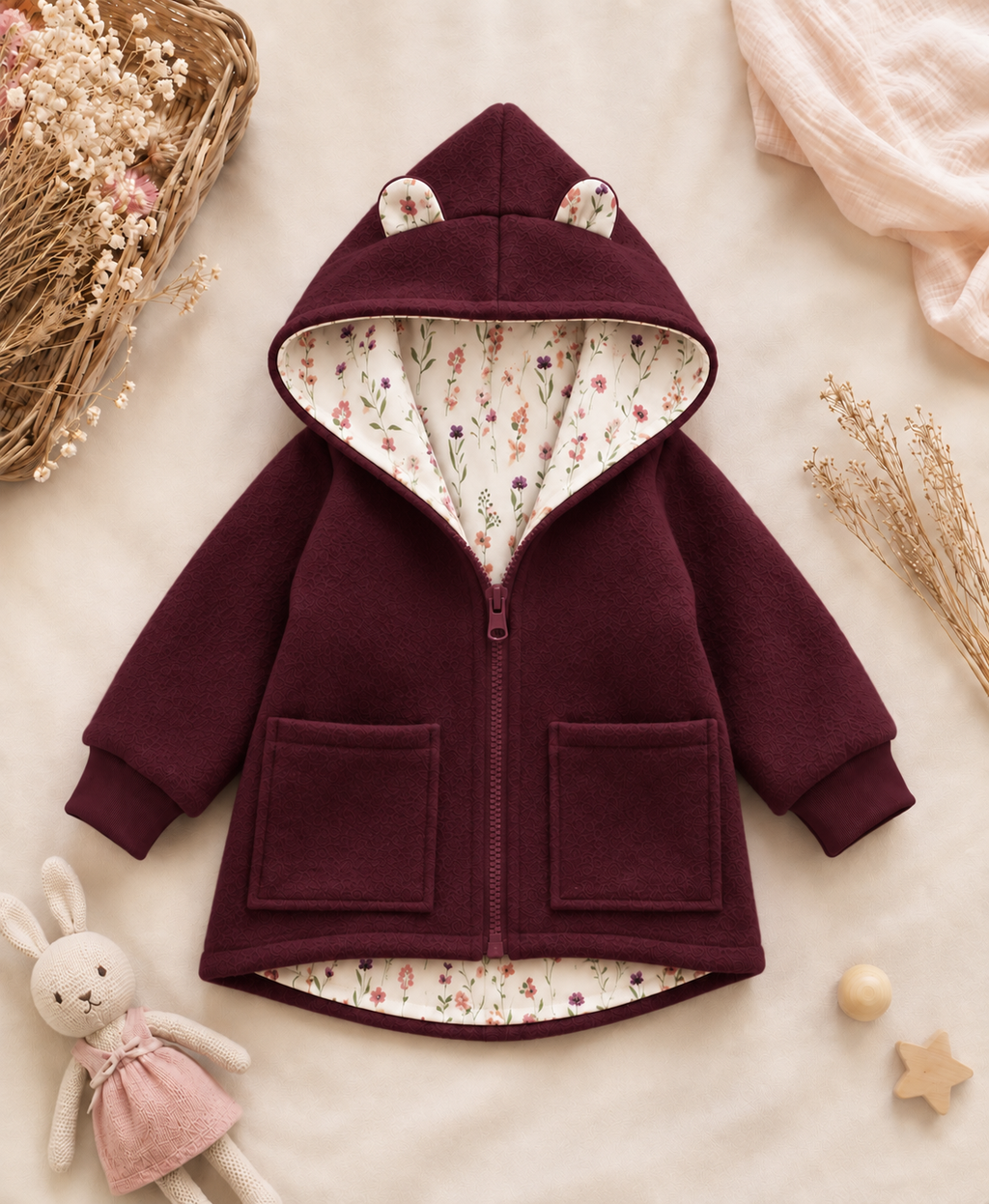 Walkjacke Kinder Bordeaux rot – Handmade Jacke | Ohren & Reißverschluss optional