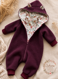Wollwalk Overall aus Schurwolle in bordeaux rot – mit Baumwolljersey | Baby Walkanzug mit Kapuze | Handmade Walkoverall