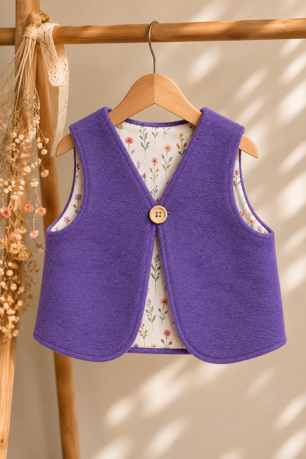 Kinder Walkweste lila mit Blumen Muster | Handgemachte Wollweste mit Holzknopf