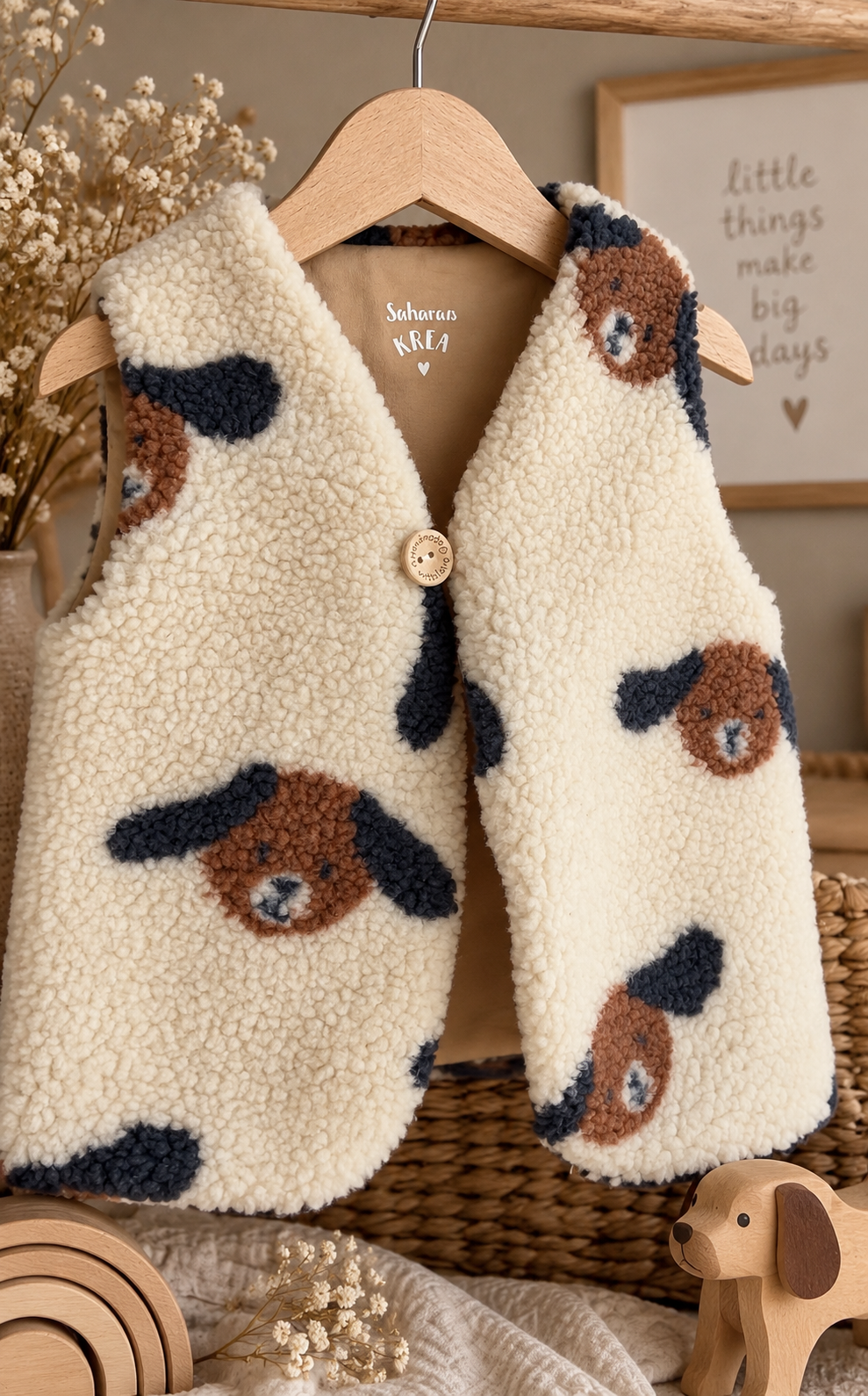Handmade Teddyweste süße Hunde/Cremefarbe – Baby- & Kinderweste mit weichem Baumwolljersey