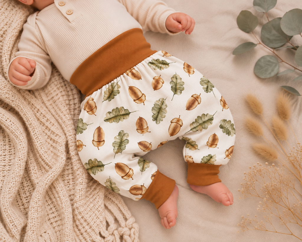 Pumphose Baby & Kind mit Eicheln & Blättern | Mitwachshose Herbstmotiv aus Baumwolljersey | Handmade
