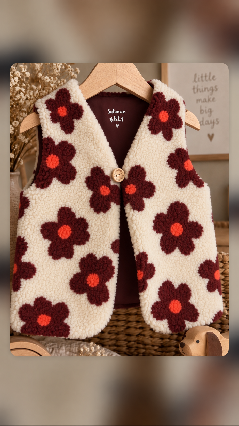 Teddyweste Blumen Weinrot Orange Ecru für Babys & Kinder – Teddyweste mit dunkelroten Baumwolljersey