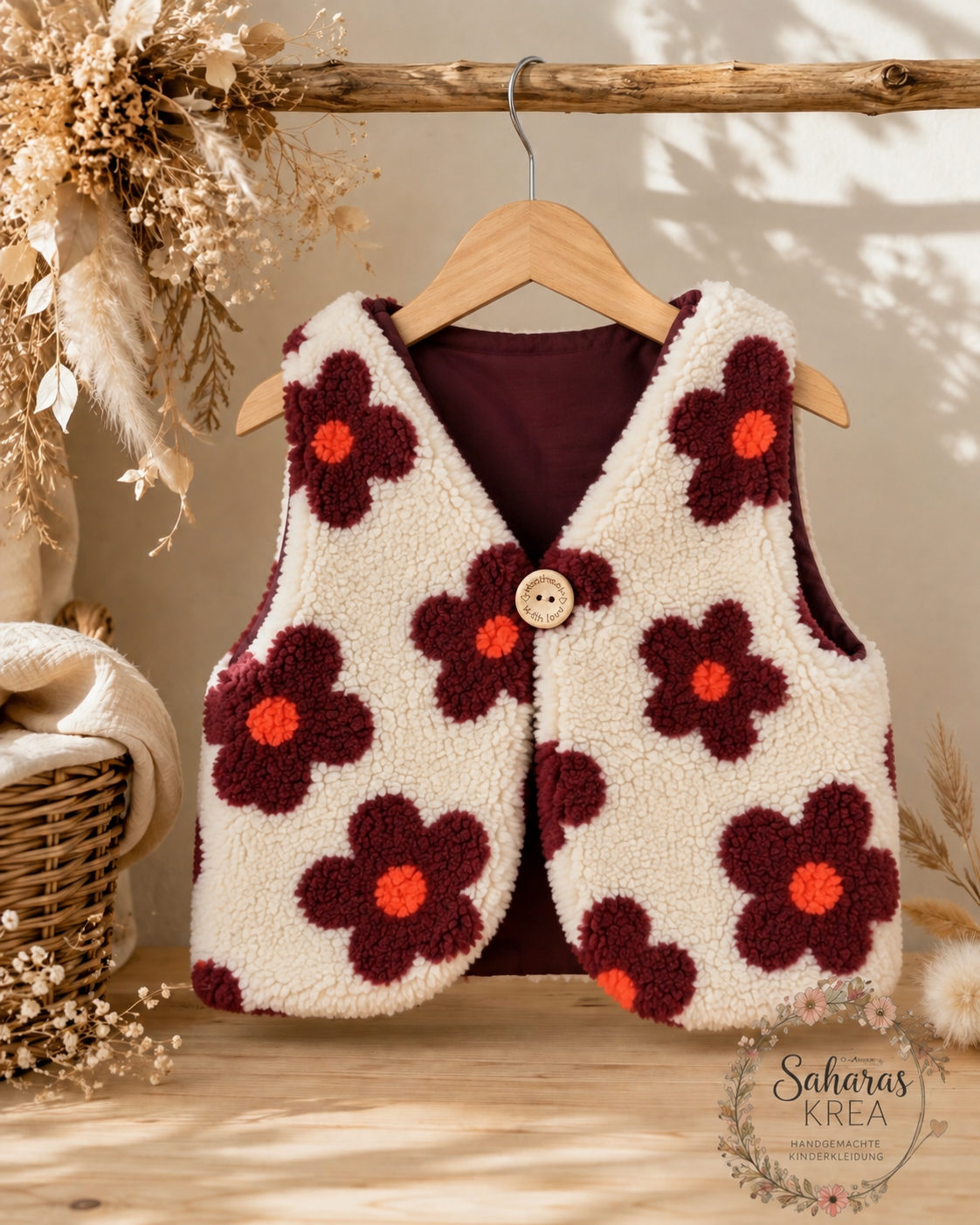 Teddyweste Blumen Weinrot Orange Ecru für Babys & Kinder – Teddyweste mit dunkelroten Baumwolljersey