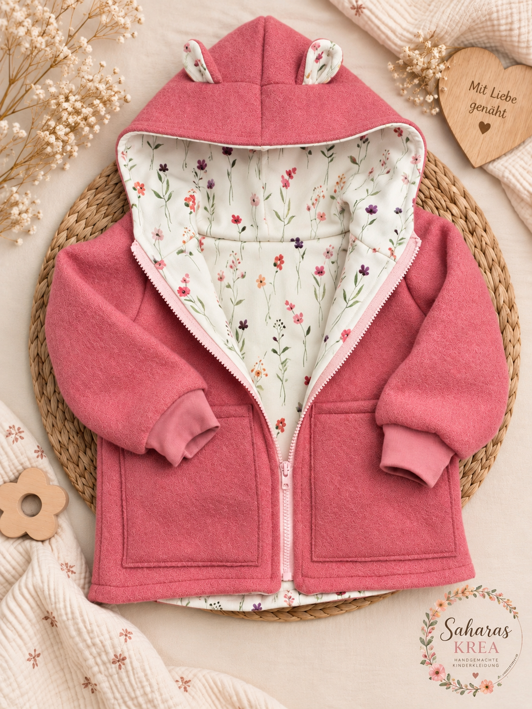 Walkjacke Kinder Dunkel Altrosa – Handmade Jacke | Ohren & Reißverschluss optional
