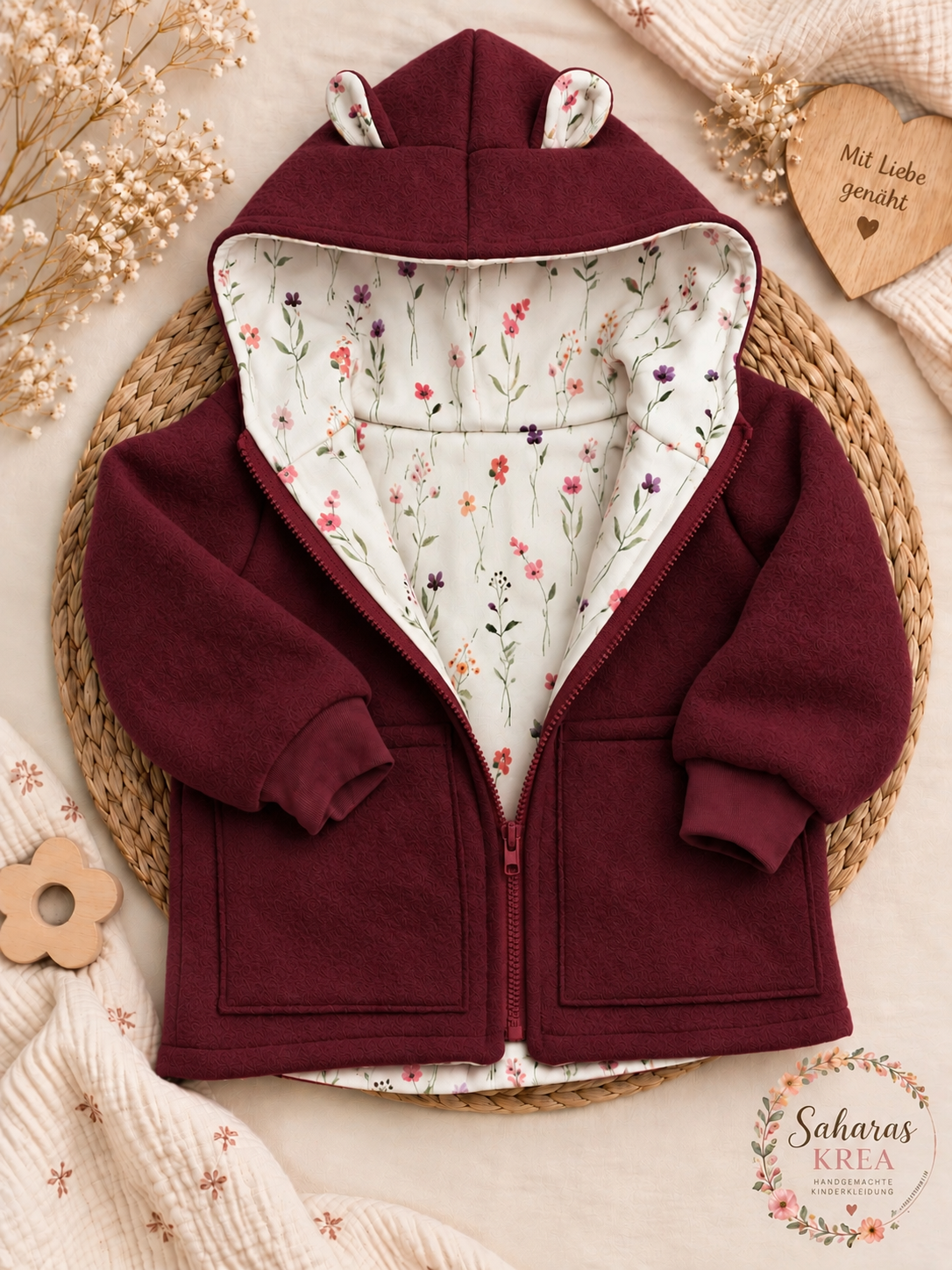 Walkjacke Kinder Bordeaux rot – Handmade Jacke | Ohren & Reißverschluss optional