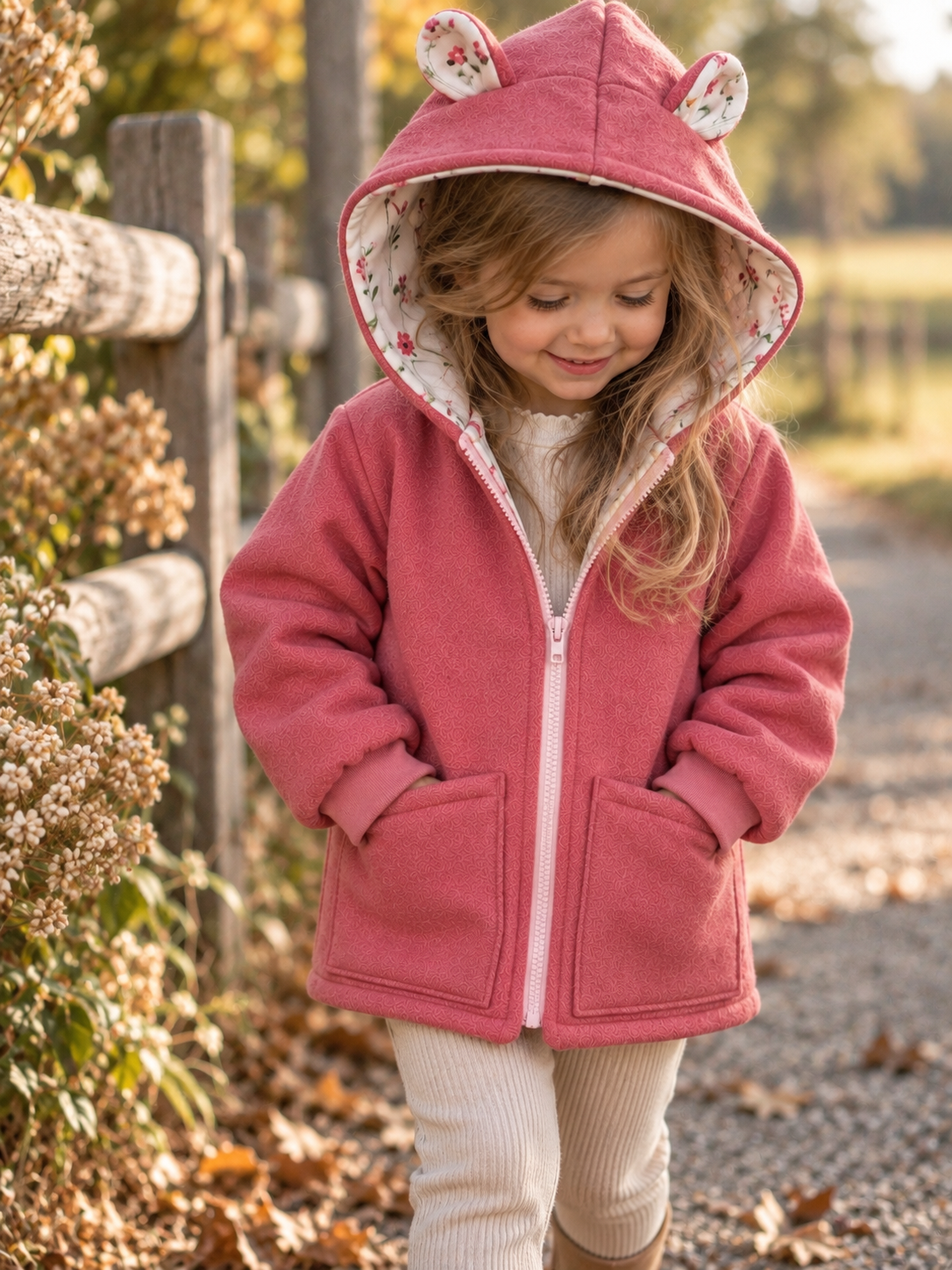 Walkjacke Kinder Dunkel Altrosa – Handmade Jacke | Ohren & Reißverschluss optional