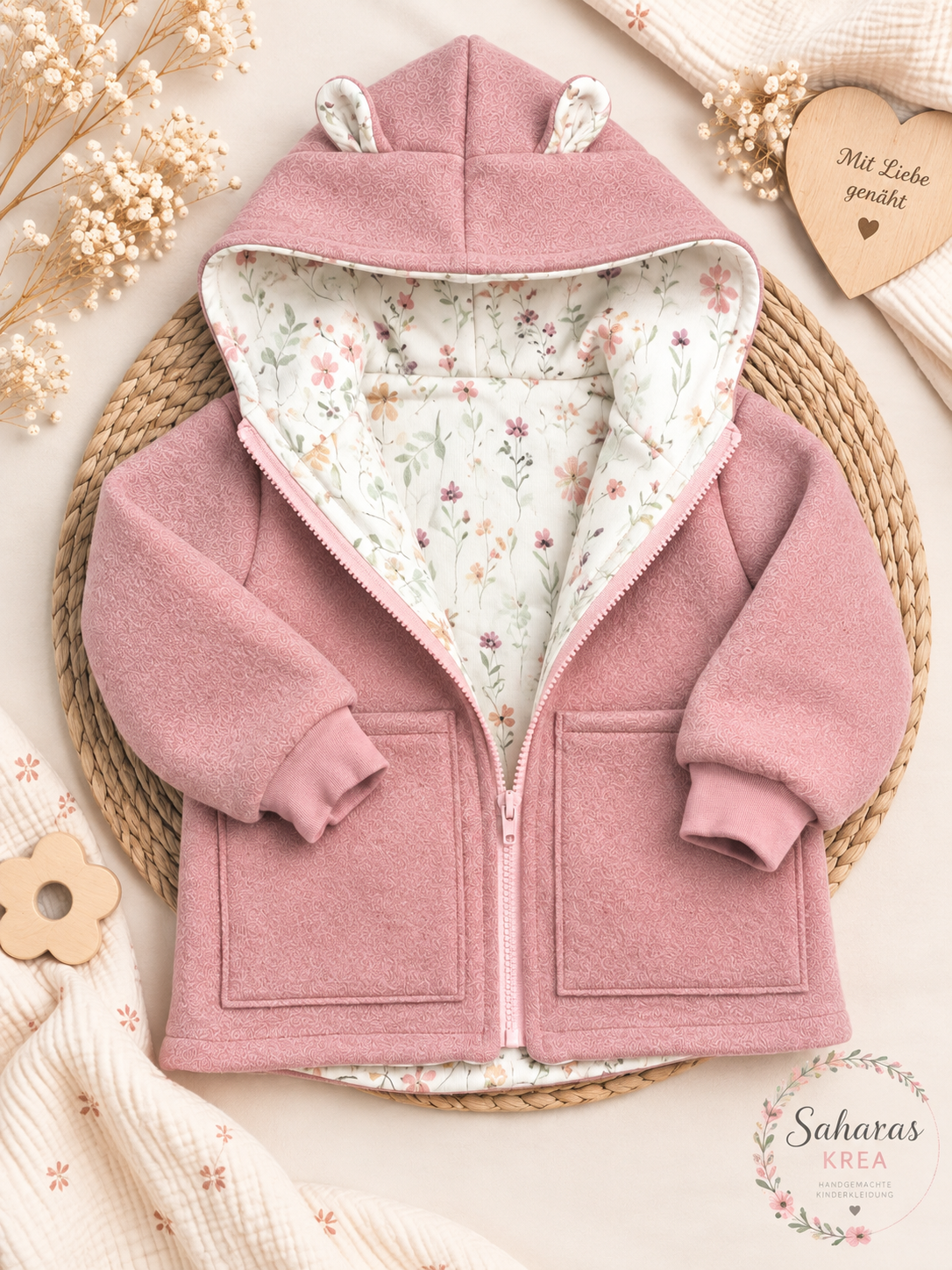 Walkjacke Kinder Altrosa – Handmade Jacke | Ohren optional