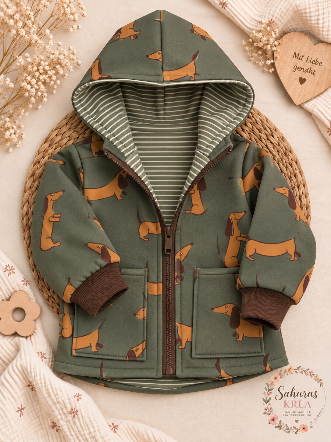 Softshelljacke für Kinder mit Dackelmotiv – Grün | Handmade