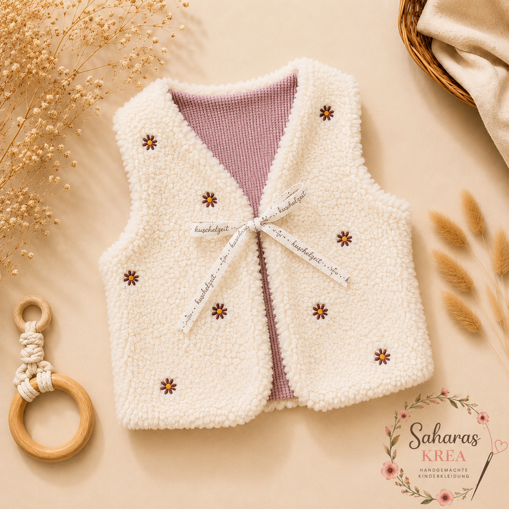 Partnerlook Teddyweste Mama & Kind – Wendeweste mit bestickten Blumen in Ecru | Handmade Fotoshooting-Outfit